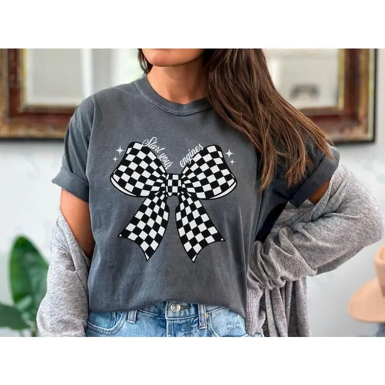 Comfort Colors Retro Racing Day Shirt  Checkerboard Coquette Bow Start Your Engines Race Day Vintage Top Cotton Womenswear Collars Fit
