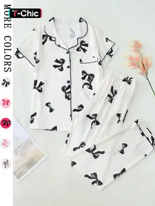 Women's Bowknot Print Contrast Binding Lapel Shirt & Elastic Waist Pants Pyjama  Set, Casual Comfy Short Sleeve Pocket Top & Trousers Pj Set, Ladies Sleepwear for All Seasons, Matching Pajamas