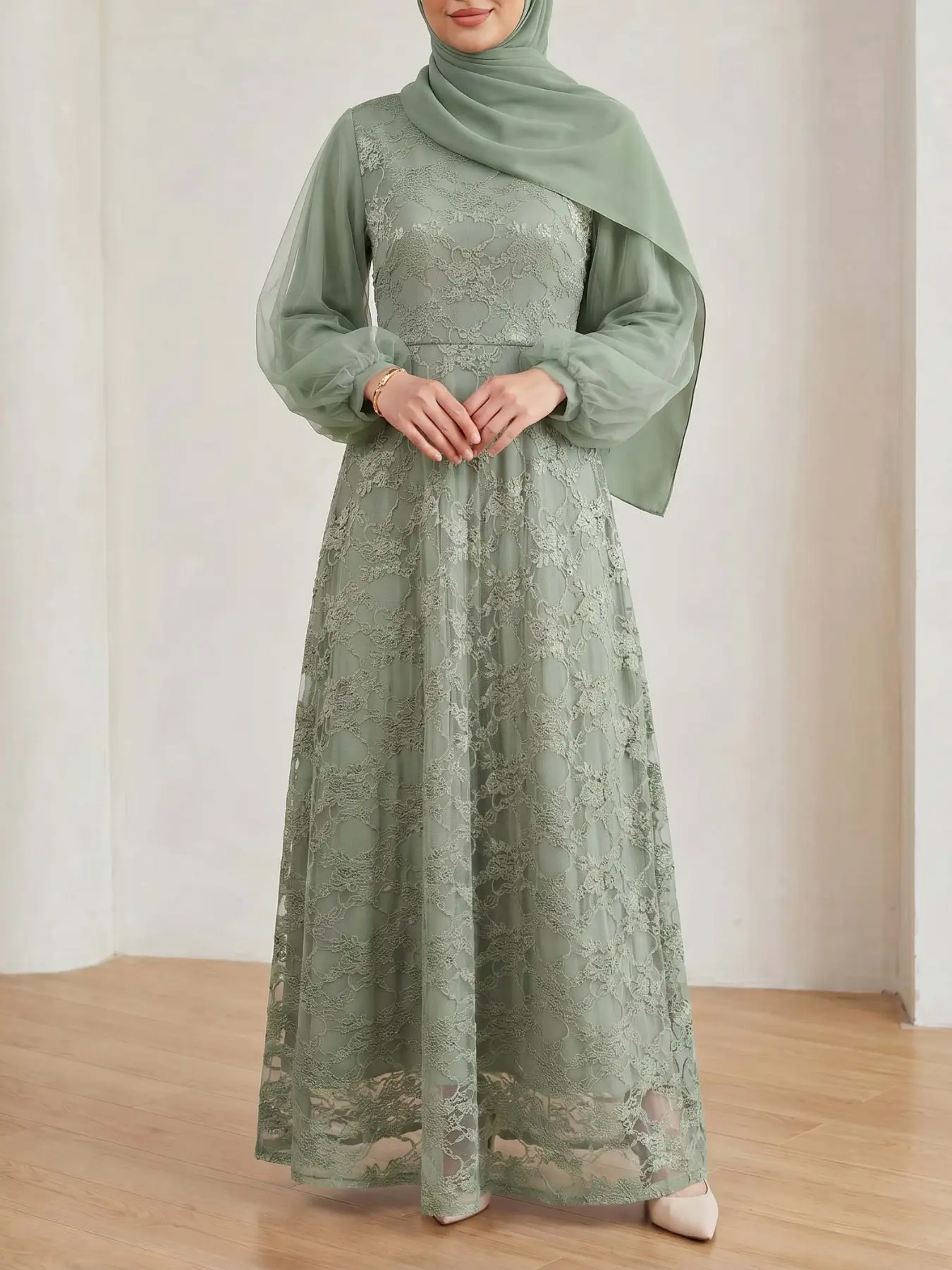 Women's Elegant Round Neck Long Sleeve Dress, Loose-Fitting Solid Pattern, Spring & Fall Fashion, Long Dress with Ruffle Details, Modest Style Dress, Classy Modest Dresses