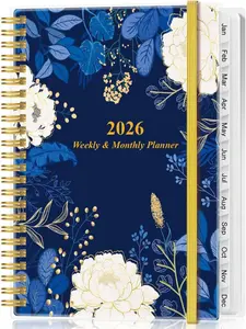 2026 Planner - January to December 2026 Weekly & Monthly Spiral Bound with 12 Tabs Inner Pocket 6.4" x 8.5" Blue Flower Design Eco-Friendly FSC Paper