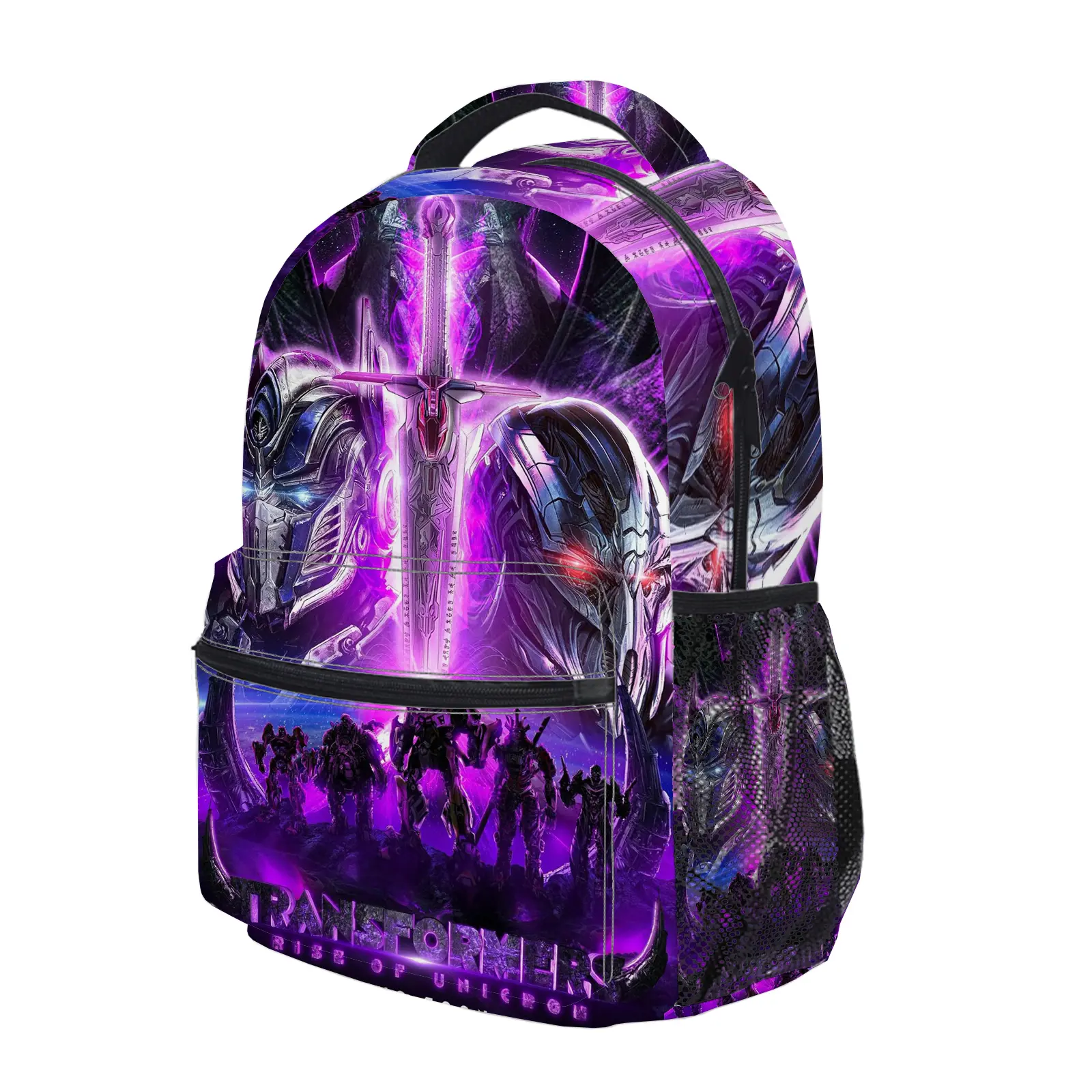 Vibrant Transformers Cartoon Character Graphic Backpack - Back to School Hauls Bag for Girls, Durable Daily Casual Wear Bookbag with Mesh Side Pockets, Lightweight Travel Daypack c-248