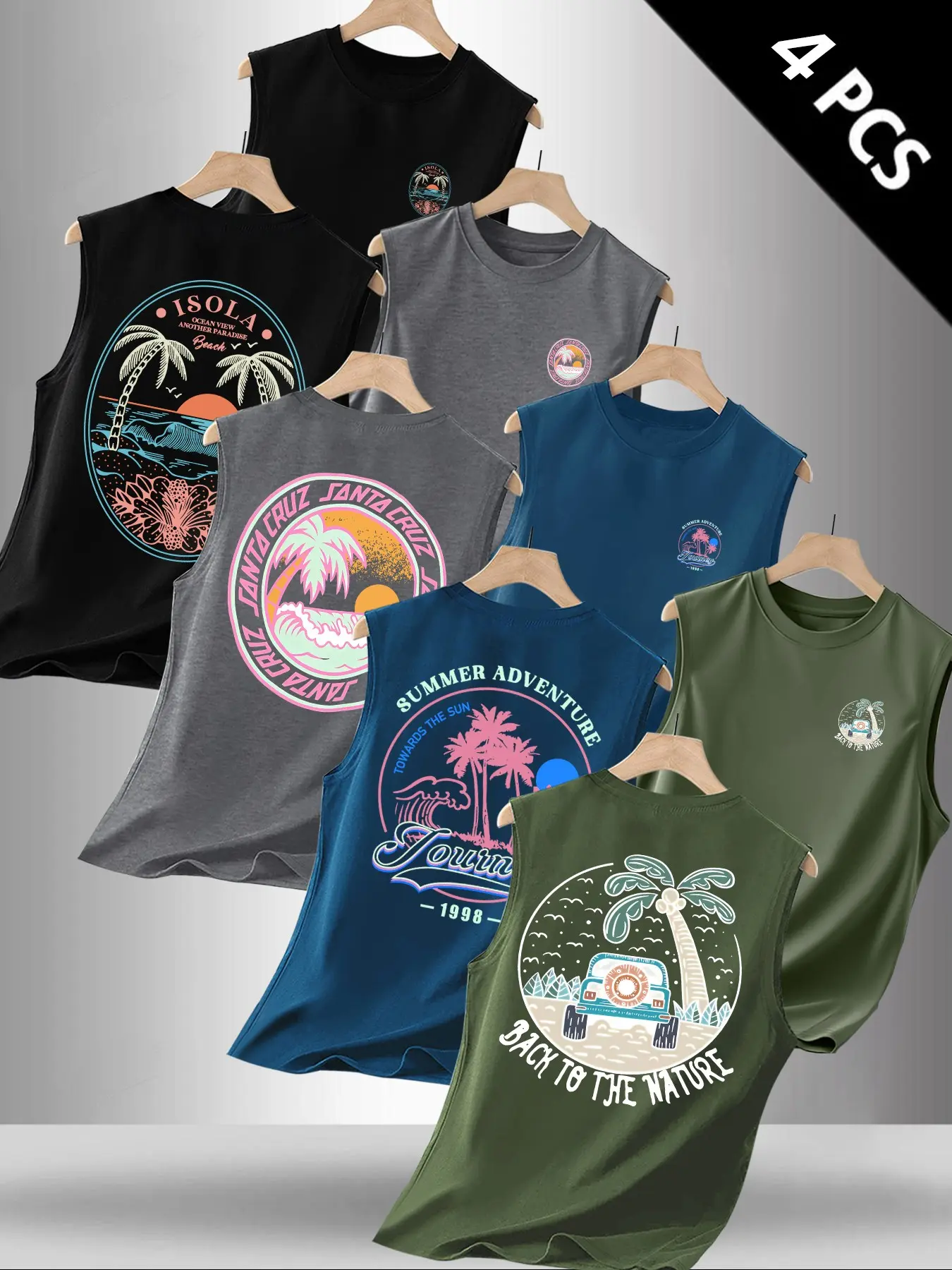 Men's Summer Tropical Beach & Palm Tree Graphic Print 4-Pack Fitted Tank Tops, Casual Sleeveless Vests, Graphic Sleeveless Shirts, Muscle Tanks, Vacation Streetwear #BeachTankTopPack #SummerVibes #4PackTankTops #PalmTreePrint #TikTokMadeMeBuyIt