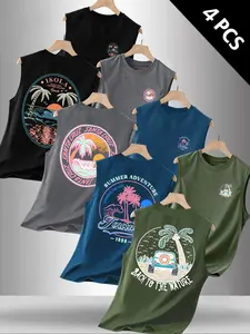 Men's Summer Tropical Beach & Palm Tree Graphic Print 4-Pack Fitted Tank Tops, Casual Sleeveless Vests, Vacation Streetwear #BeachTankTopPack #SummerVibes #4PackTankTops #PalmTreePrint #TikTokMadeMeBuyIt