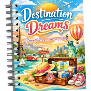 Destination Dreams. Travel Theme Coloring Book for Adults. Card stock pages and spiral bound.