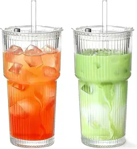 19oz Vintage Ribbed Glass Tumblers 2-Pack with Lids & Glass Straws | Thickened Durable Drinkware Ideal for Iced Drinks, Iced Coffee, Smoothies, Cocktails & Juices