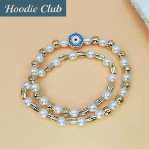 Hawaiian Style Pearl and Flower Beaded Stretch Bracelet Shell Five Petal Floral Design Boho Beach Jewelry Fashion Colorful Elastic Wristband Summer Vacation Daily Wear Accessories for Women Girls Gift Idea Cute Tropical Bracelet