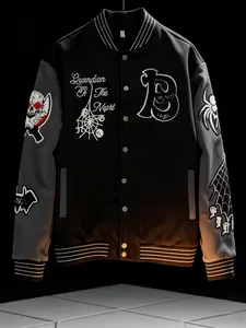 Vintage High Street Dark Gothic Embroidered Baseball Jacket, Oversized Street Style Patched Sleeve Spider Web Skull Patch Trendy Coat