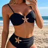 New Sexy Unique Golden Starfish Decor Solid Color, Fashion Summer Two-Piece Swimsuit Set Bikinis Sets for Women, Casual Swimwear for Vacation and Beach