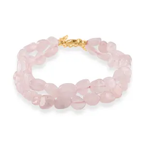 Galilea Rose Quartz 2-Row Beaded Bracelet in Goldtone 7-8.5In