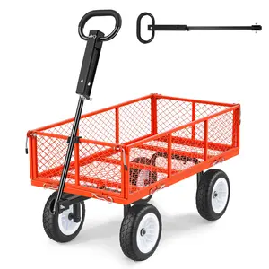 VEVOR Garden Cart, 900 LBS, Heavy Duty Steel Yard and Garden Utility Wagon with 10-Inch Tires, Outdoor Gardening Stool with Adjustable Handle, Detachable Side Panels, Attach to ATV or Tractor, Red