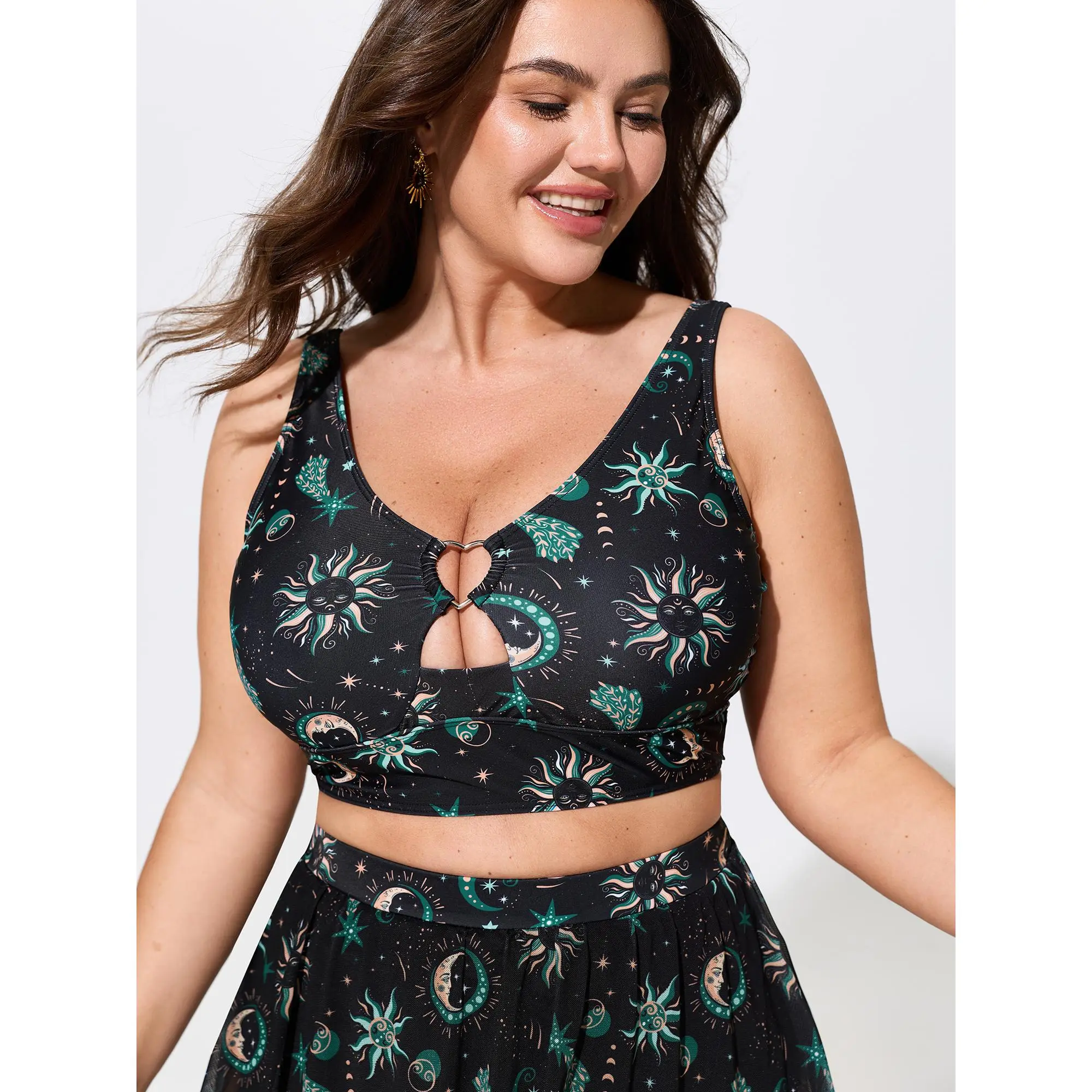 BLOOMCHIC Plus Size Star Moon Print Cut-Out Swim Top M-6X,Summerfinds