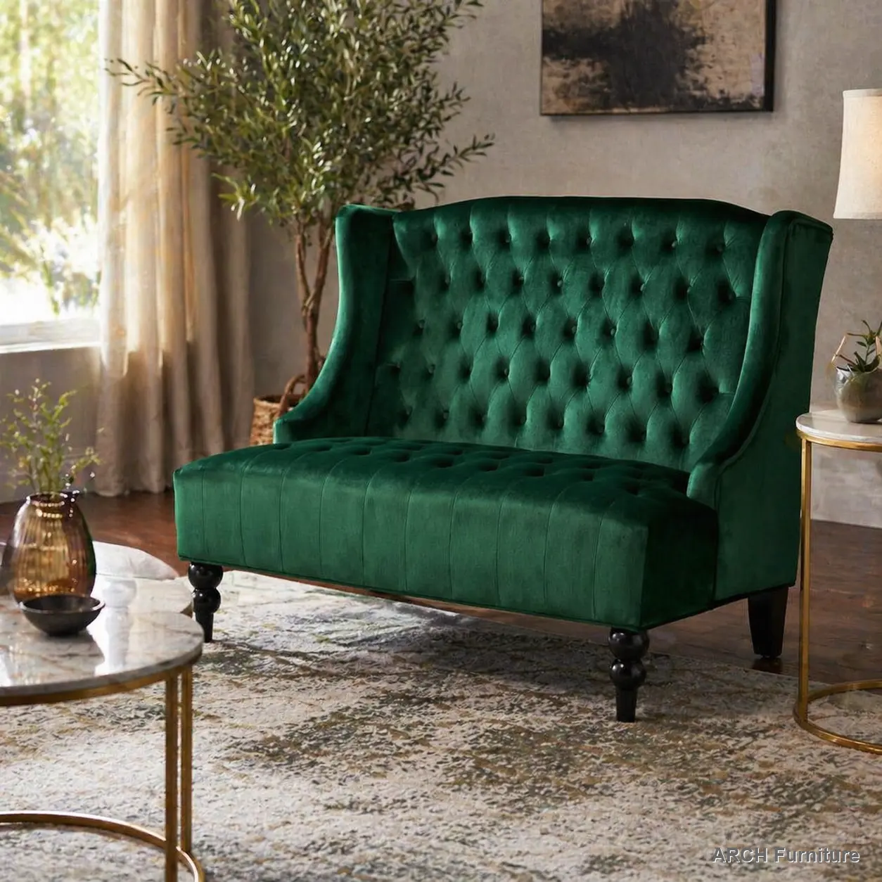 Glam Look Velvet Fabric Loveseat - Modern Arch Button Tufting Diamond Stitch Upholstered Comfy Couch, High Back Sofa with Headrest, Turned Legs, Luxury Living Room Indoor Furniture, Single Box Delivery