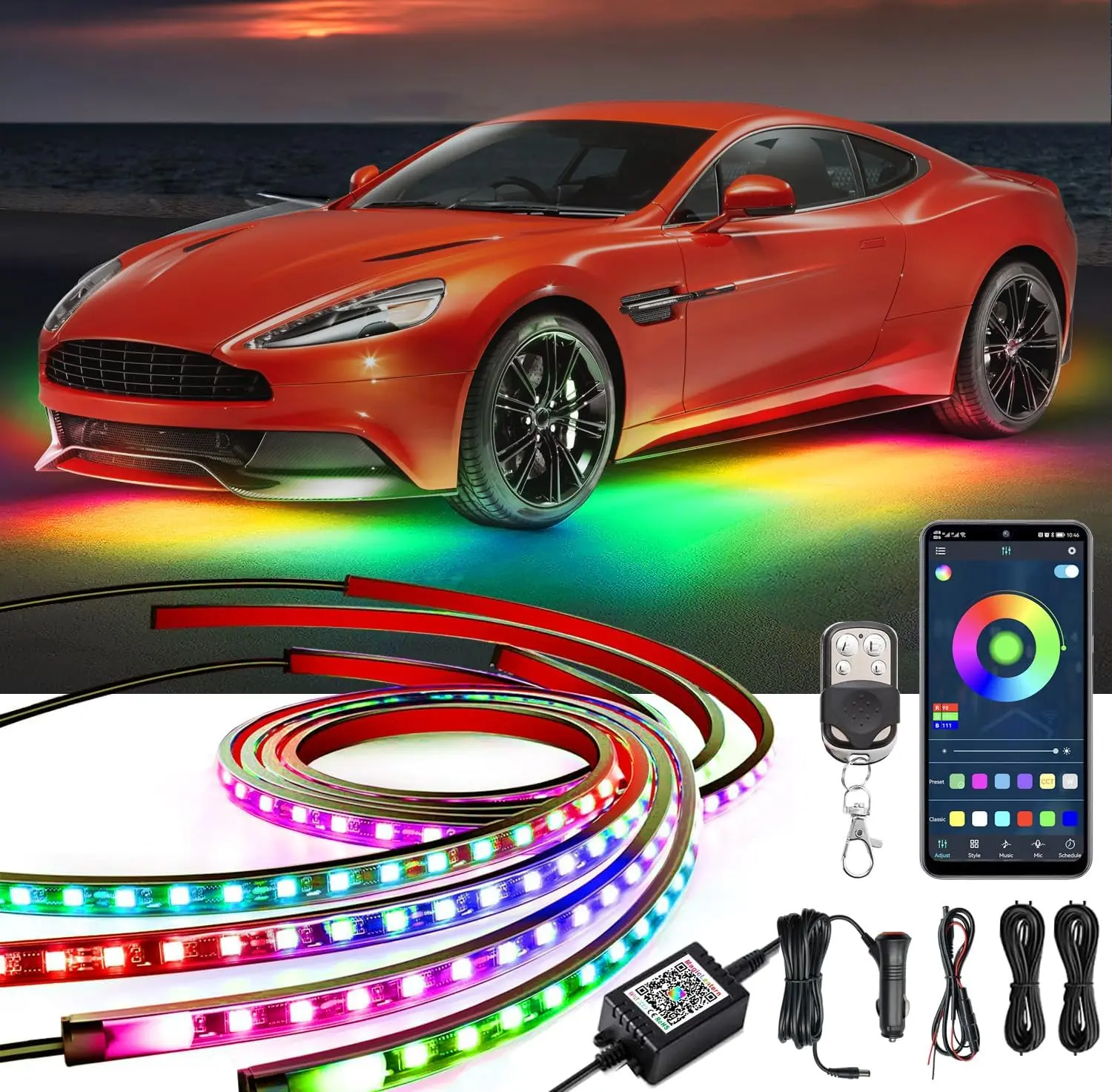 Underglow  Lights, 252 LEDs RGBIC 4 count Dream Color Dancing Chasing Strip Lights with 16 Million Colors and 213 Scene Modes with App and Remote Control, 5 Music Modes for