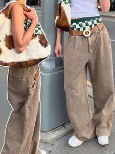 2026SS American Casual Streetwear Y2K Women's Brown Pleated Low-rise Loose Structured Denim Jeans