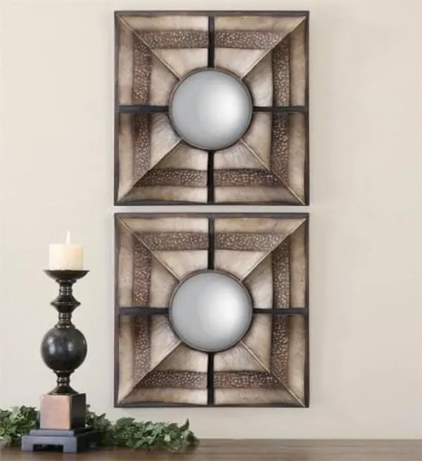 Euthalia 19" Square Rustic Bronze Metal Layered Convex Mirrors Set of 2, Wall Decor Accent for Living Room, Home Decor, Room Decor