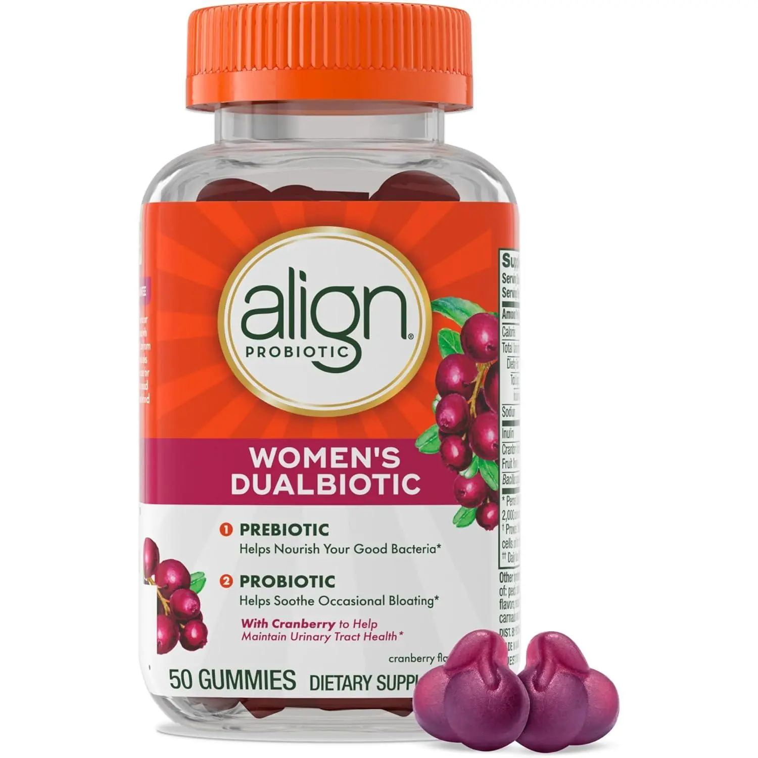 Align Probiotic, Women's Dualbiotic, Womens Probiotic Gummies, Prebiotics and Probiotics for Women, with Cranberry for Urinary Tract Health*, Cranberry Flavor, 50 Gummies