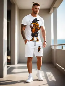 Summer Breathable Two-Piece Set, Cartoon Pattern Round Neck T-Shirt and Drawstring Shorts, Ideal for Outdoor Activities and Backpack Travel