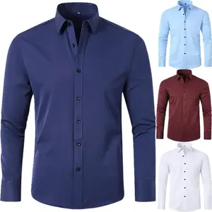 Men's Dress Shirt Casual Regular Fit Stretch Soild Long Sleeve Button Up Shirts