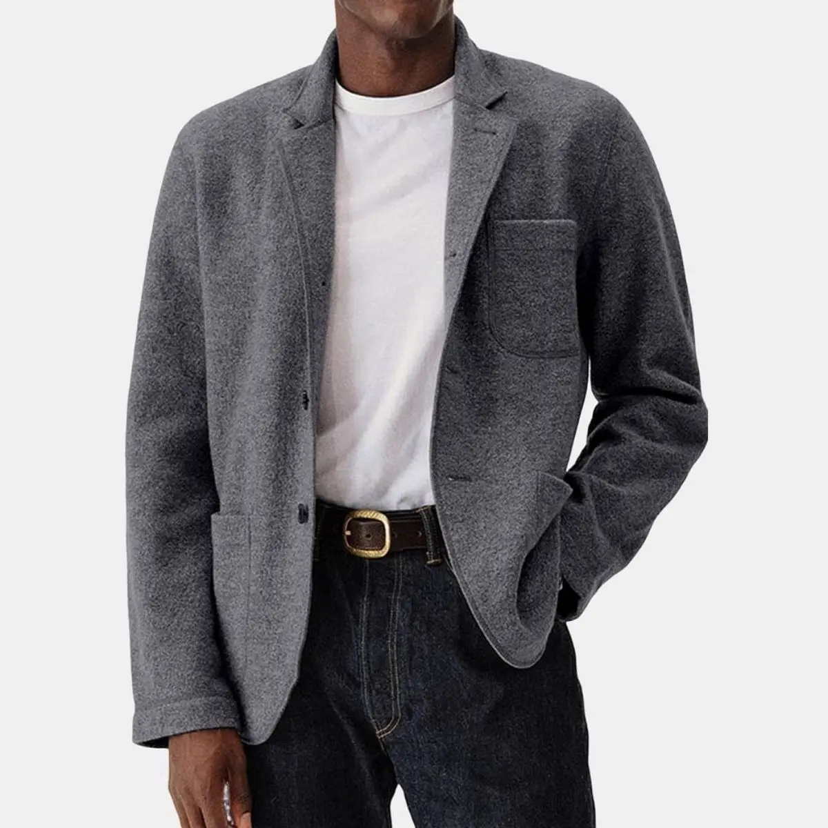 Men's Solid Color Trendy Long Sleeve Woolen Coat, Blue Casual Menswear with Pocket, Polyester-Blend Fabric Jacket