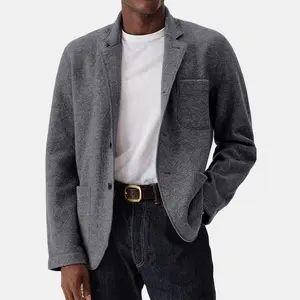 Men's Solid Color Trendy Long Sleeve Woolen Coat, Blue Casual Menswear with Pocket, Polyester-Blend Fabric Jacket