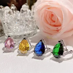 Lab-Grown Sapphire Diamond-Set Drop-Shaped Ring Fashion Elegant Diamond, Ruby Emerald Female Wedding Jewelry Gift - Ring