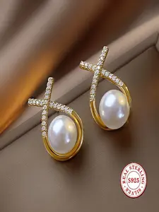 S925 Sterling Silver Gold Plated Crisscross X Shape Freshwater Pearl Drop Earrings for Women, Dainty CZ Accent Hypoallergenic Pearl Stud Earrings, Elegant Jewelry Gift for Wedding Party Daily Wear