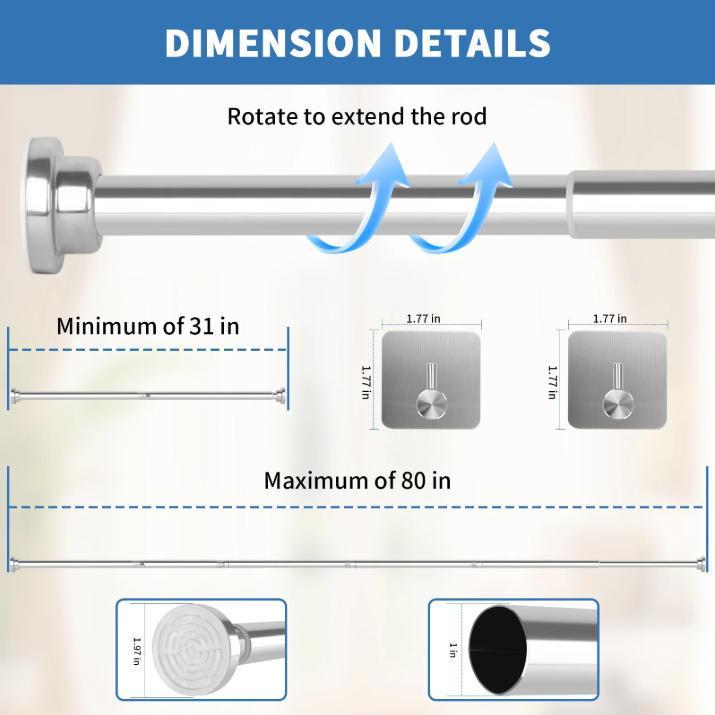 Adjustable Stainless Steel Shower Curtain Rod 31–80" with 2 Hooks – Telescoping Tension Rod, No-Drill, Bathroom Curtain Rod, Wall-Mount-Free, Rust-Resistant, Easy Install