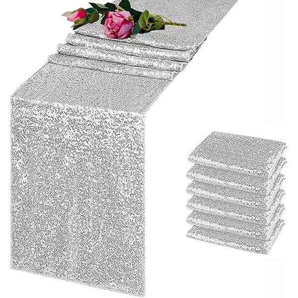 12×72 in Silver Sparkle Sequin Table Runner - Rectangular Home & Outdoor Patio Celebration Party Supplies, Ideal for Wedding, Birthday Decor, Festive
