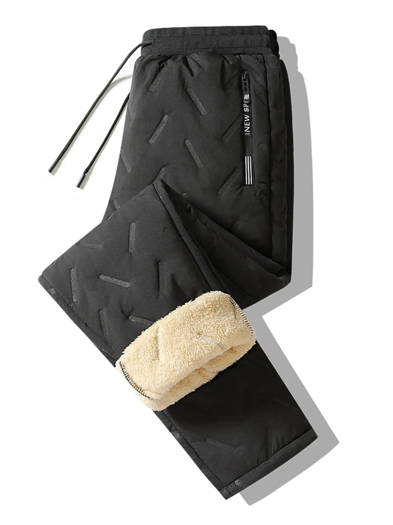 Men's Letter Print Drawstring Thermal Lined Pants, Casual Regular Fit Straight Leg Trousers, Men's Bottoms For Outdoor Wear