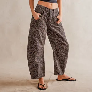 Women’s Baggy Wide Leg Jeans – Mid-Rise Barrel & Banana Leg Denim Pants, Relaxed Fit Streetwear, Solid & Leopard Print Options