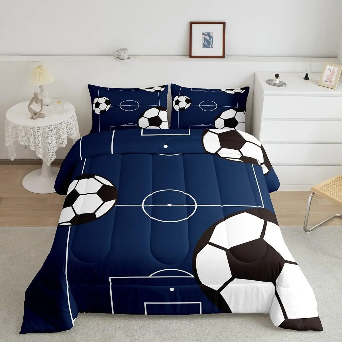 Feelyou Queen Microfiber Bedding Set - Soccer Ball & Football Court Pattern, Sports Theme, Super Soft, Breathable, Decorative Luxury Comforter Set, Decorative Bedding Set,summerwins,back to school,back to school shopping,home decor