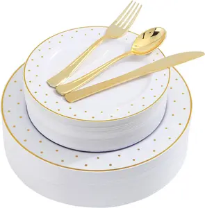 200 Count Disposable Plate Gold Plastic Silverware 40 Dinner Plates 40 Salald Plates,40 Knives 40 Forks 40 Spoons for Birthday Party Wedding