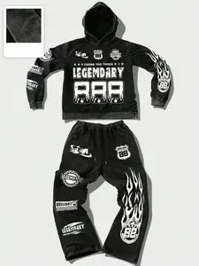 LEGEMDARY Racing Graphics Oversized Hoodie & Wide Leg Joggers - 90s Grunge Aesthetic Streetwear Tracksuit - Premium Distressed  Two-Piece Set for Urban Outfits