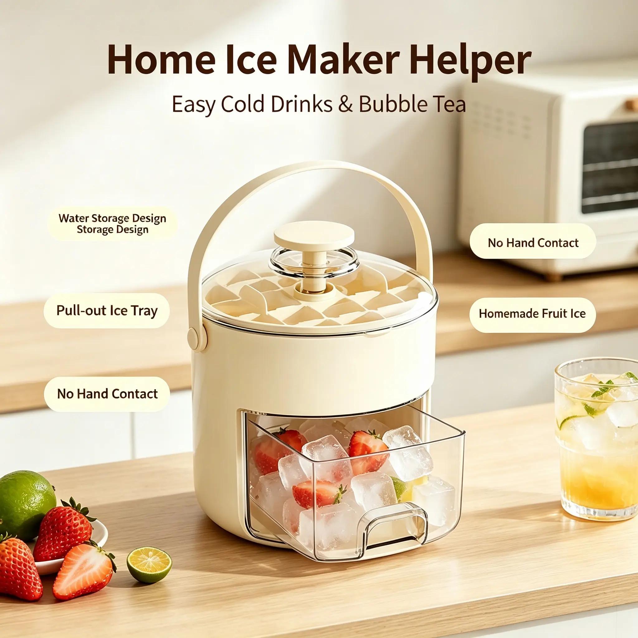 Portable Home Ice Maker Machine | Pull-Out Ice Tray, No Hand Contact, Homemade Fruit Ice Cubes for Bubble Tea & Cold Drinks Ice Maker｜Portable Ice Maker｜Ice Cube Maker｜Ice Maker Machine｜Countertop Ice Maker Bubble Tea Tools  Summer Essentials