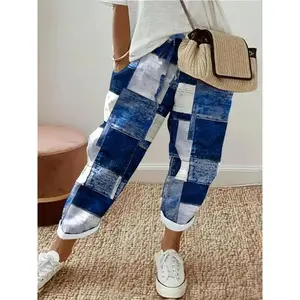 ��Plus Size�� Colorblock Patchwork Print Drawstring Waist Pants, Casual Fashion Comfy Pocket Trousers for Daily Wear, Women's Bottoms for SummerGift