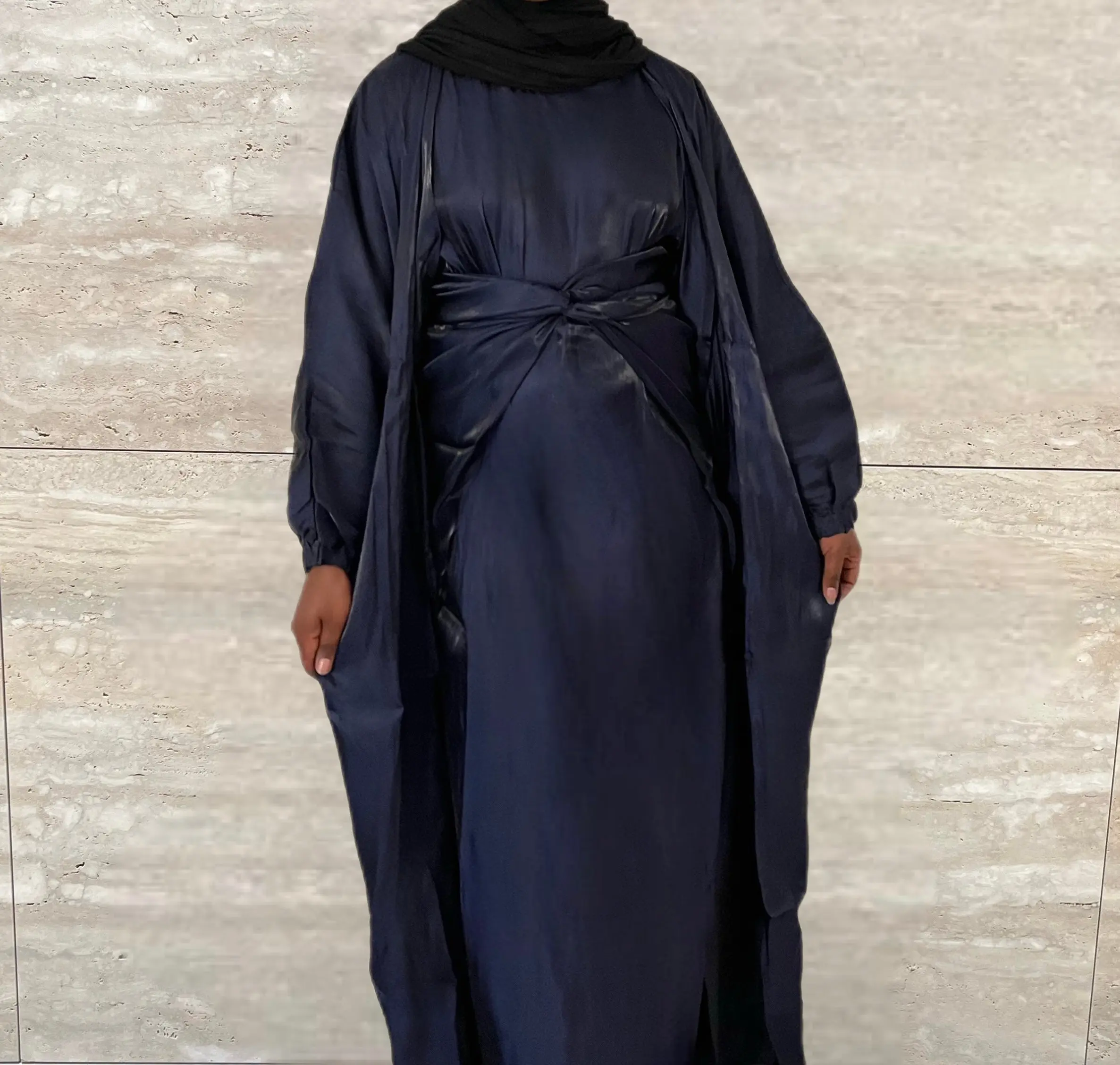 Marwa 3 piece Organza Abaya Set- Navy