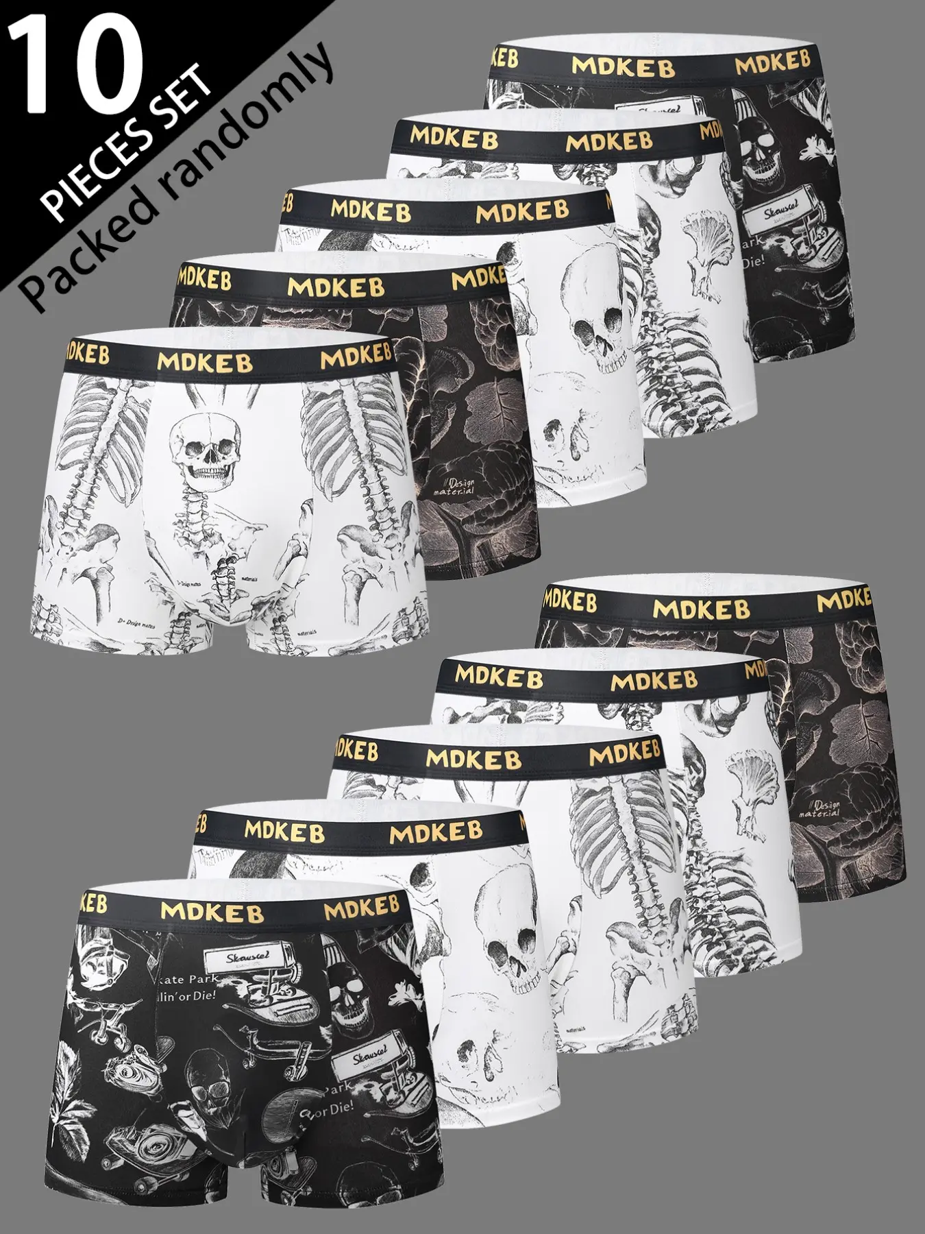 Men's Skull Skeleton Print Printed Boxer Briefs Pack, Dark Style Trendy Letter Waistband, Random Shipping, Casual Fitted Colorblock Streetwear Underwear
