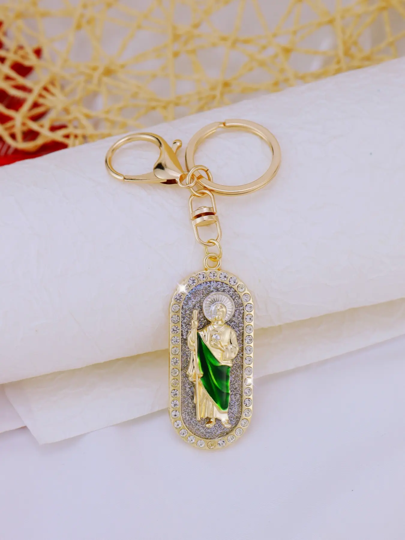 Saint Jude Rhinestone Keychain Keyrings for Bags Metal Religious Pendant, Casual Plain Design, All Seasons Accessory, No Choking Hazard, Perfect Gift