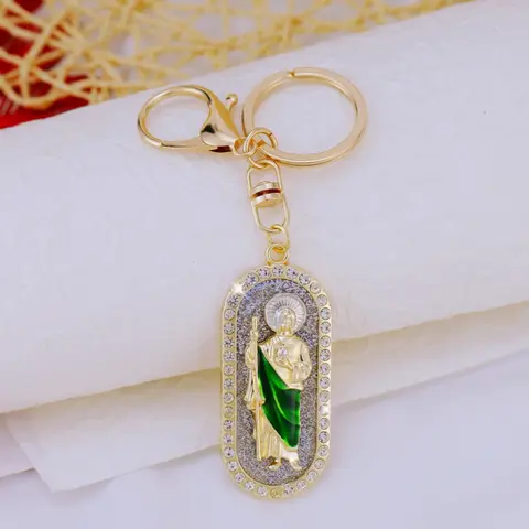 Saint Jude Rhinestone Keychain Keyrings for Bags Metal Religious Pendant, Casual Plain Design, All Seasons Accessory, No Choking Hazard, Perfect Gift