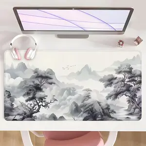 [Gaming Mouse Pad] Ultimate Chinese Ink Landscape Mountain Cloud Pine Design Non-Slip MousePad For Desk With Rubber Base & Stitched Edge, Ideal Gift For Autumn Winter Home Office Meditation Zen Lover