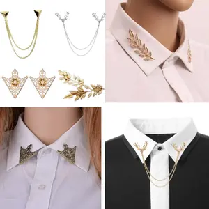4Pcs Vintage Hollow Angle Triangle Tassels Collar Pins Clip, Gold Stud, Deer Head Double Link Chains Brooch, Elegant Golden Leaf Decorative Brooches, Fashion Accessories Suitable for Birthday Gifts, Party, Wedding