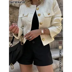 Elegant Women's Round Neck Jacket, Lightweight Polyester Button Front Coat, Structured Fabric, Spring/autumn Outerwear