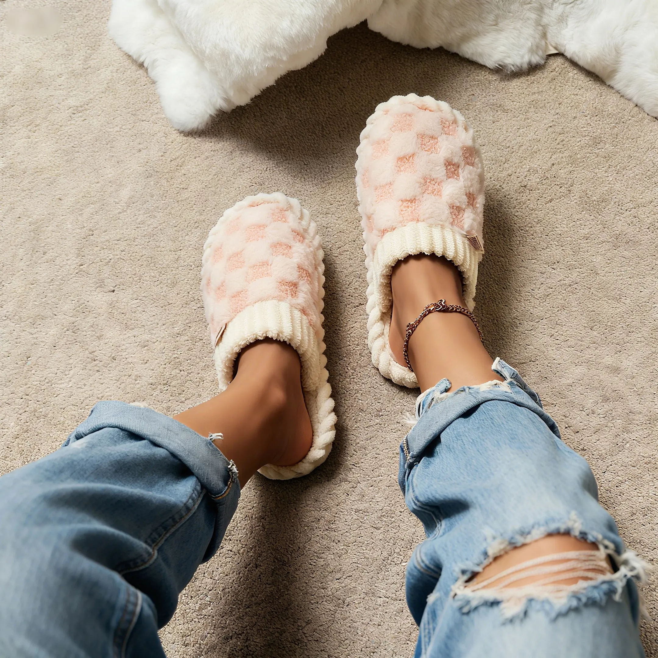 Men's & Women's Checkered Plush Slippers | Cozy Winter Essentials | Indoor/Outdoor Fuzzy House Shoes with Non-Slip Sole | Comfy Couple Gift Idea | Warm Fluffy Bedroom Footwear