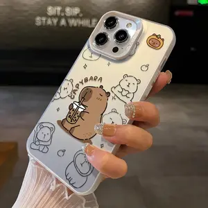 Cute cartoon milk tea capybara electroplated silver IMD phone case, drop-proof and scratch-resistant, fashionable phone case, suitable for iPhone 17/16/15/14/13/12/11/X/XS/XSMAX/XR/7P/8P/16E/17E, a holiday gift for friends, family, and yourself