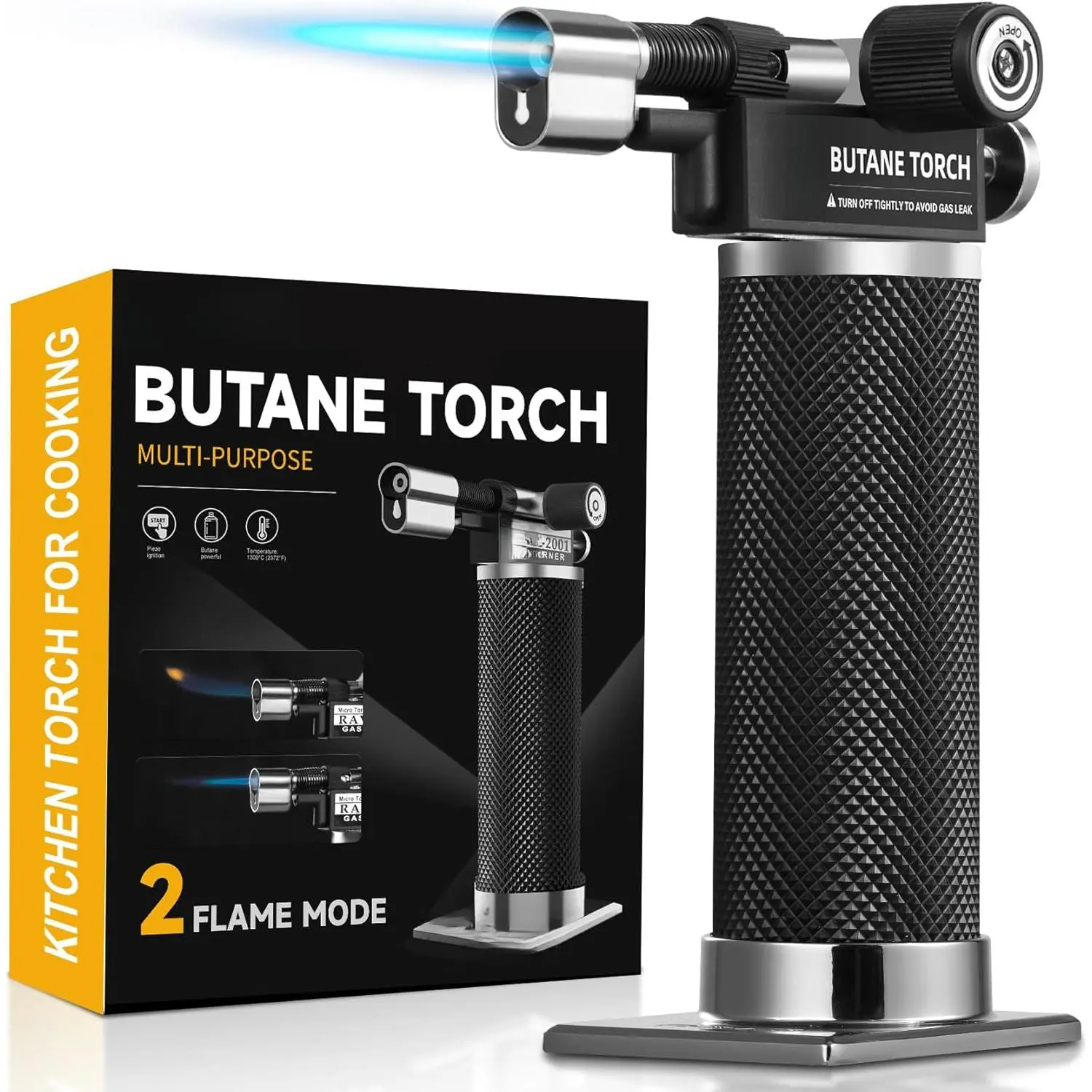 Portable Sturdy Metal Butane Torch Lighter - Gun Shape with Ergonomic Handle, Piezo Press Ignition, Dual Flames Mode, 1300°C Heat, Fast Fill, Easy to Use for Kitchen Cooking, Soldering Tasks