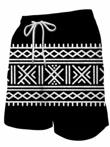 Men's Ethnic Geometric Print Beach Shorts, Loose Fit Drawstring Casual Short Pants, Fitted Style for Summer