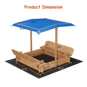 Outdoor Wooden Sand and Water Table for Kids Ages 3-8 – Large Sandbox with Lid, Adjustable Canopy, 2 Bench Seats, Bottom Liner, Weather-Resistant Cover – Ideal for Backyard, Patio, Garden or Beach, 47x47in
