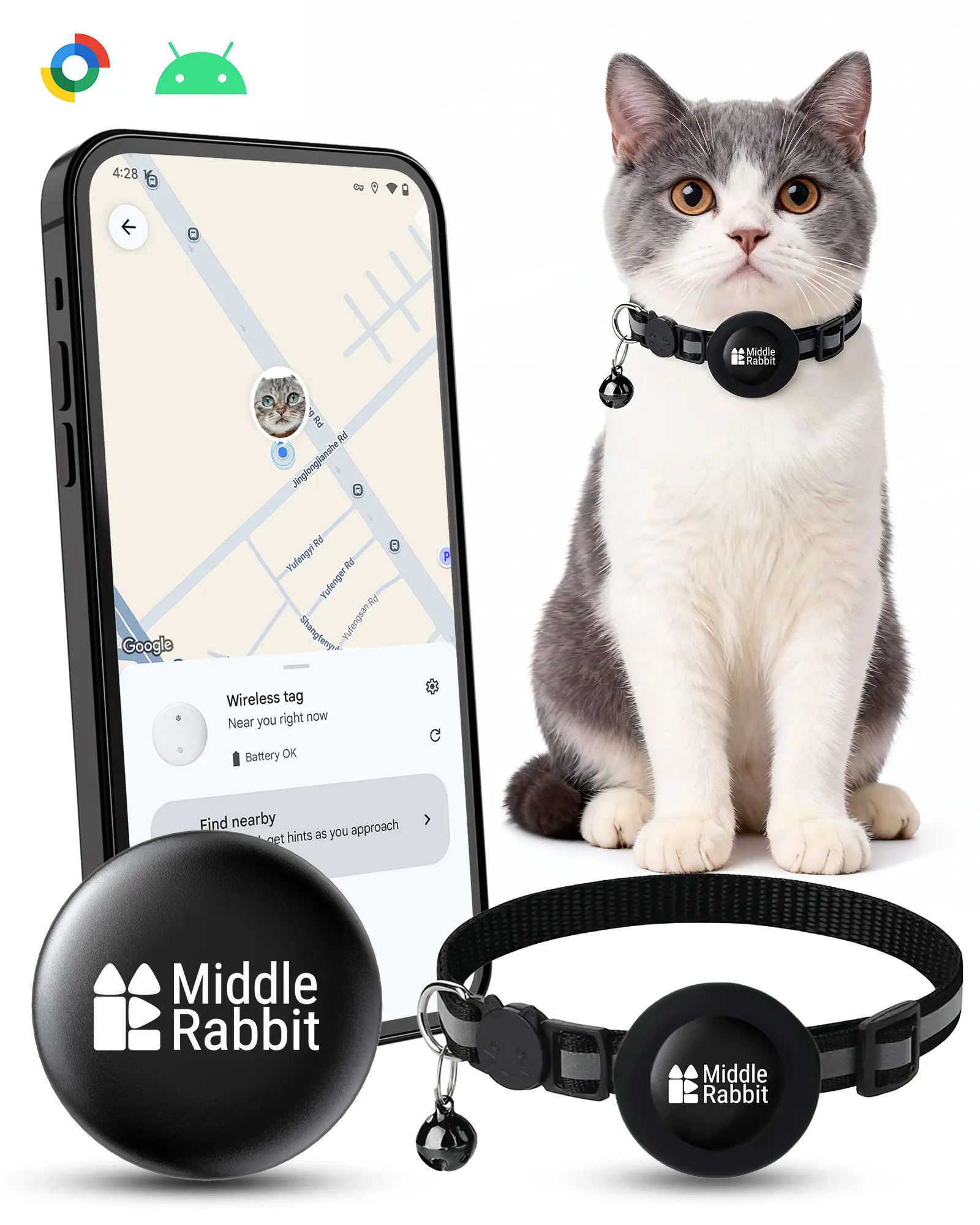 Cat Tracker for Android with Collar, GPS Pet Tracking Tag for Cats, Android Airtag Alternative, Cat Collar with Tracker Holder, Compatible with Google Find My Device, No Subscription Needed