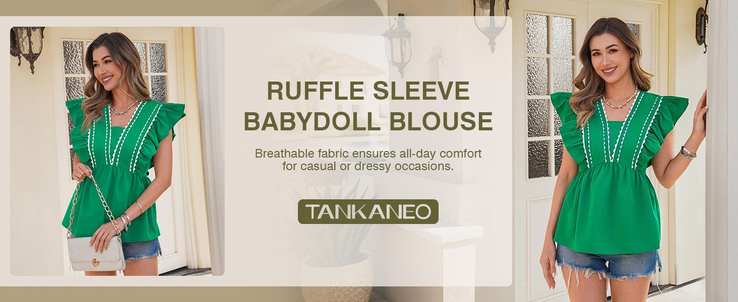 【StPatricksDay Green】TANKANEO Women’s V Neck Ruffle Sleeve Babydoll Blouse, Trim Scalloped Detail Loose Fit Summer Casual Top