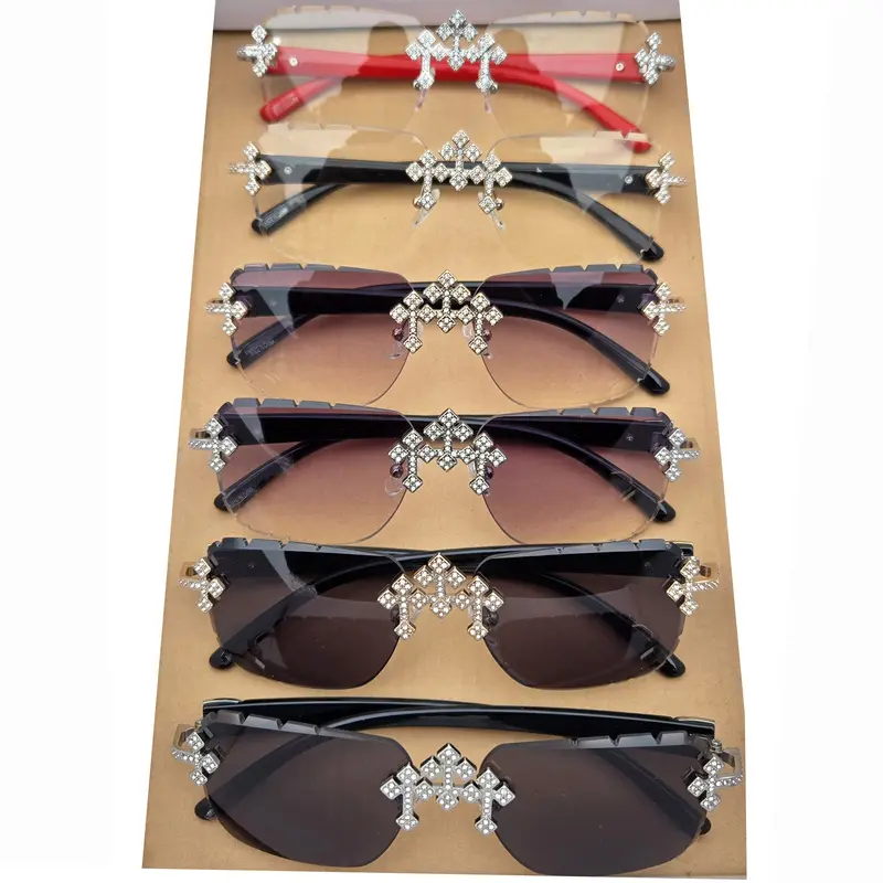 MaxBling81 Moissanite Fleuree Cross Rimless Sunglasses - Unisex FDA-Approved UV-Protection PC Eyewear, Trendy Shades, Aviation-Themed Men's Sunglasses, 5.5 Inch Classic Aviator, Driving Fit Fashion Accessory